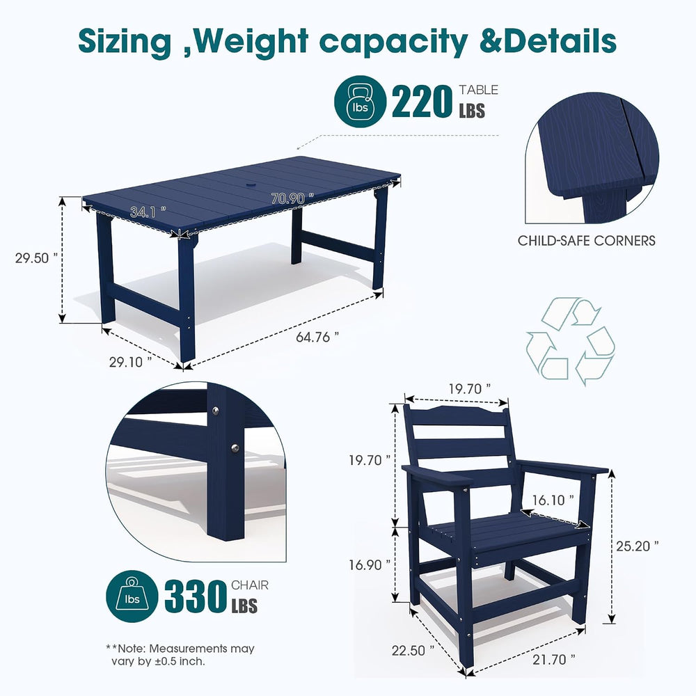 THOEOE Patio Dining Set for 6, HDPE 70 inch Outdoor Table and Chairs
