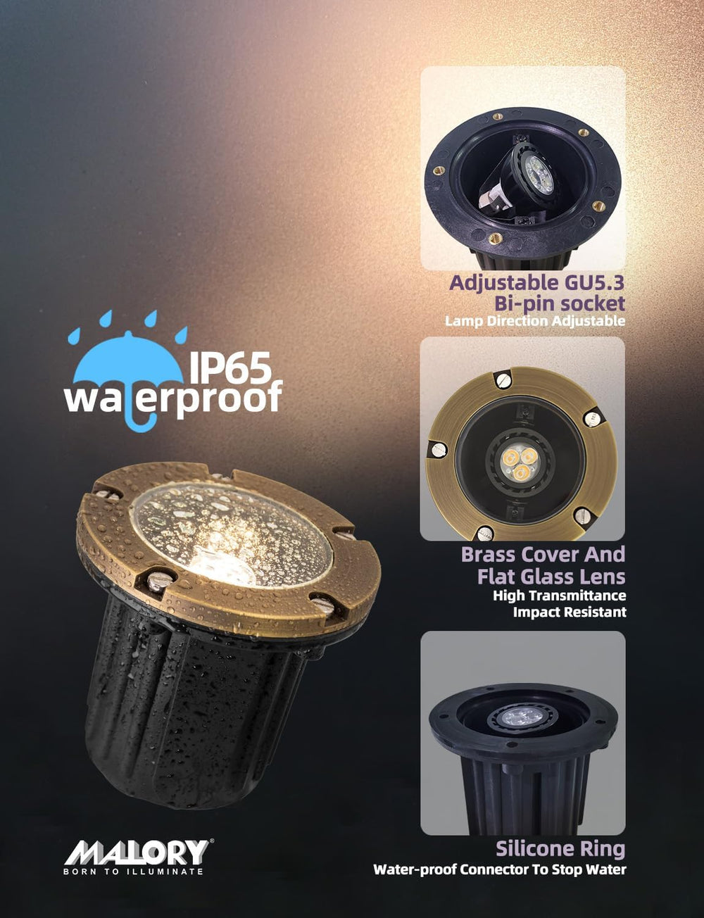 MALORY Low Voltage Landscape Well Lights, (φ126 mm) Brass Top Cover
