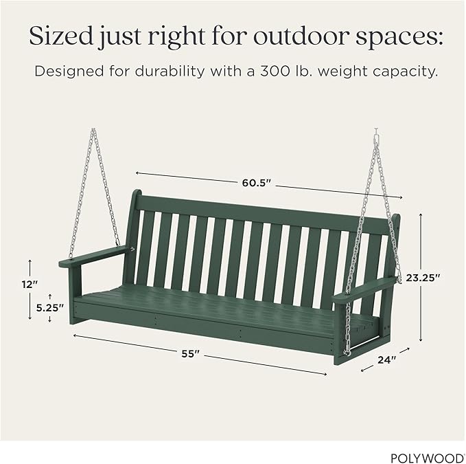 POLYWOOD Vineyard 5-Foot Porch Swing, Heavy Duty HDPE Outdoor Hanging Bench, ...
