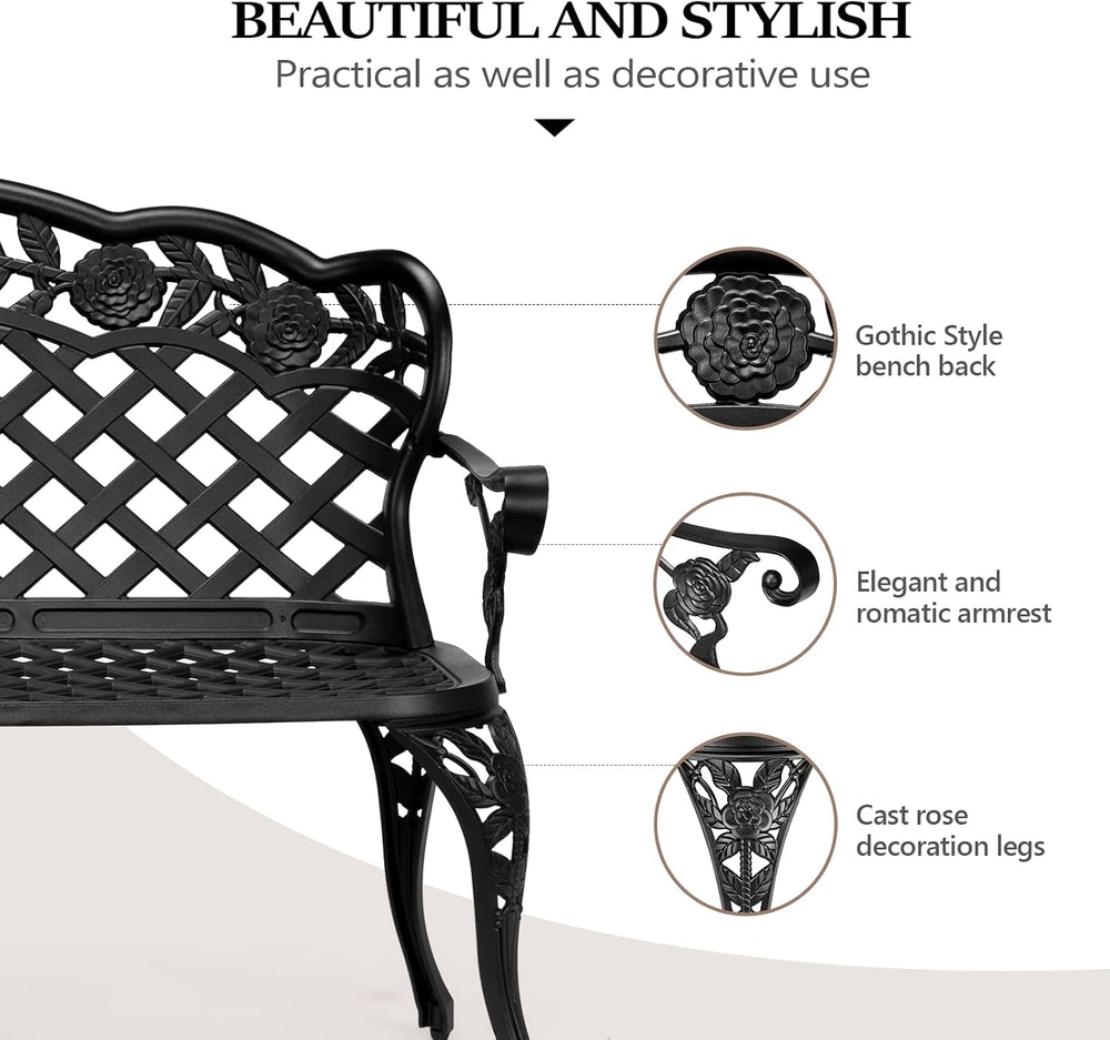 VINGLI 42.5" Outdoor Bench, Antique Cast Aluminum Front Porch Bench Meta...