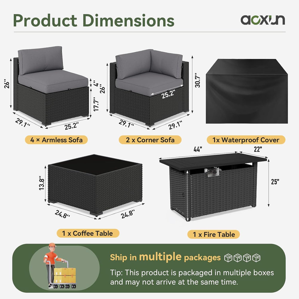 Aoxun 8 Piece Patio Furniture Set with 44” Fire Pit Table, Wicker Rattan Pati...