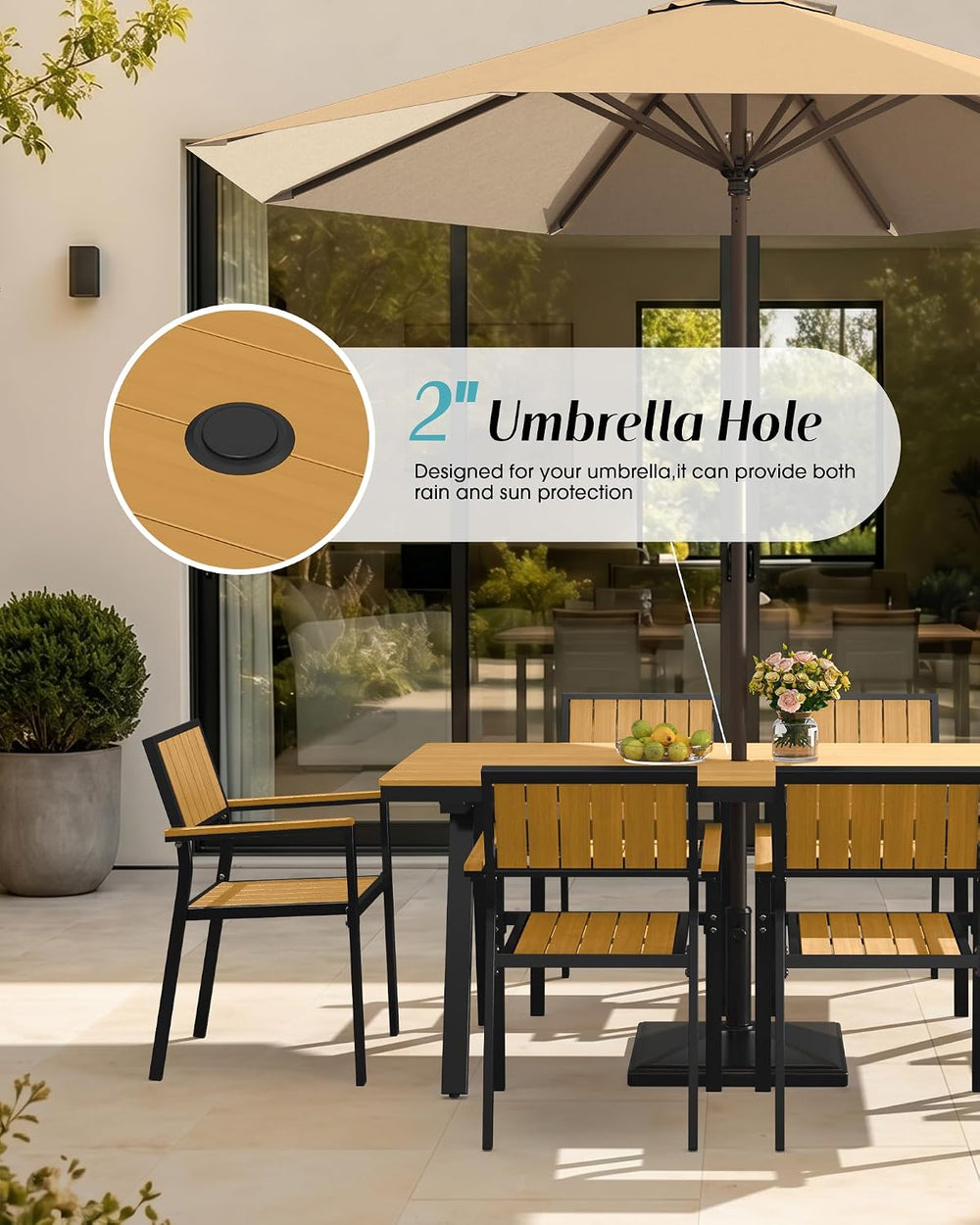 Aluminum Outdoor Dining Set of 6, Patio Table and Stackable Chairs, Teak
