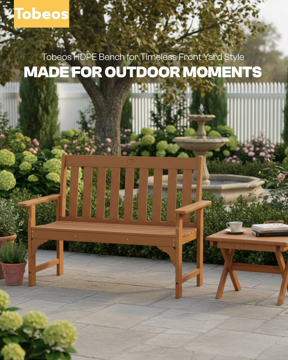 2-Person Outdoor Garden Bench, HDPE All-Weather Patio Bench with Backrest &am...