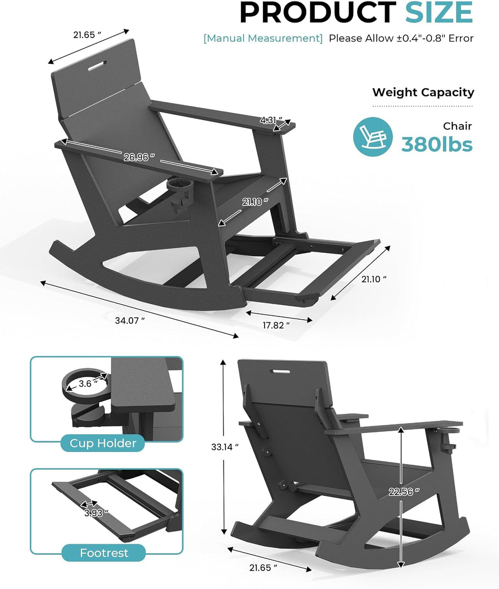 Outdoor Rocking Chair, HDPE Patio Porch Rocker with Ottoman, Grey