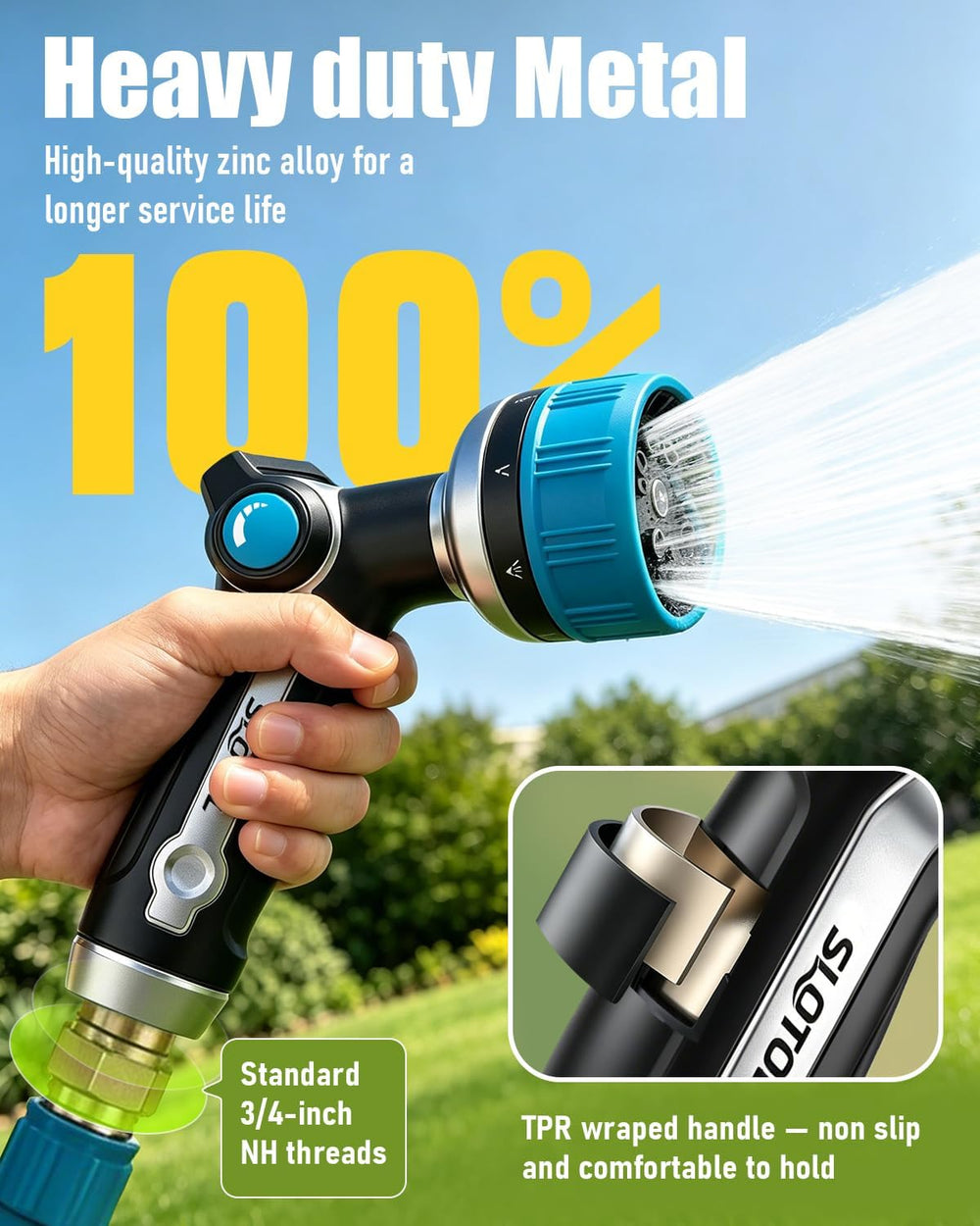 2 Pack Garden Hose Nozzle, Heavy Duty Metal Sprayer with Adjustable Spray Pat...