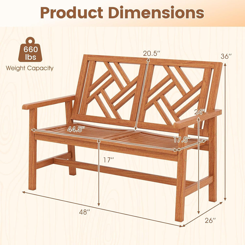 Tangkula Outdoor Wood Bench, 2-Person Patio Loveseat Chair with Geometric Bac...
