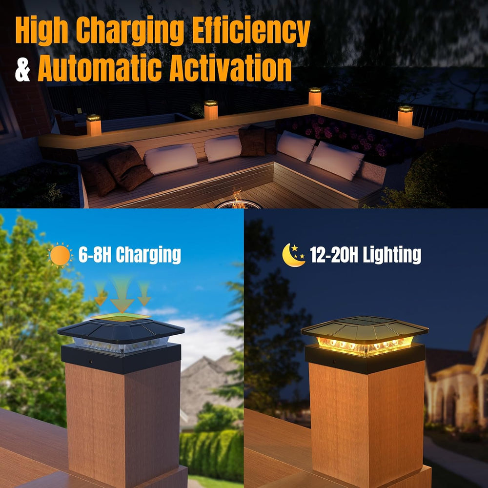 4x4 Solar Fence Post Cap Lights Outdoor Waterproof, 6 Pack, Black