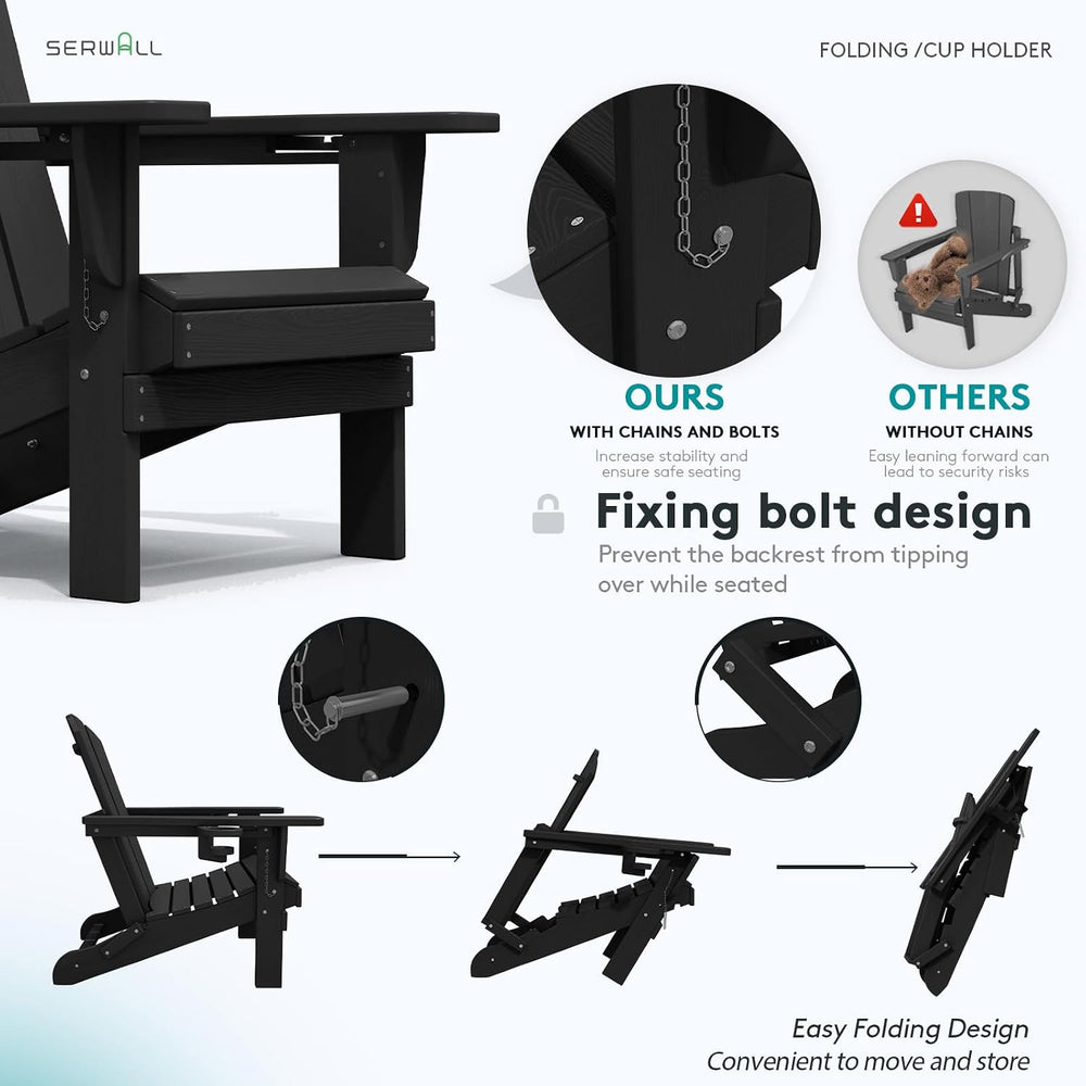 SERWALL Outdoor Adirondack Chair Set of 6 with Cup Holders,Foldable,Black