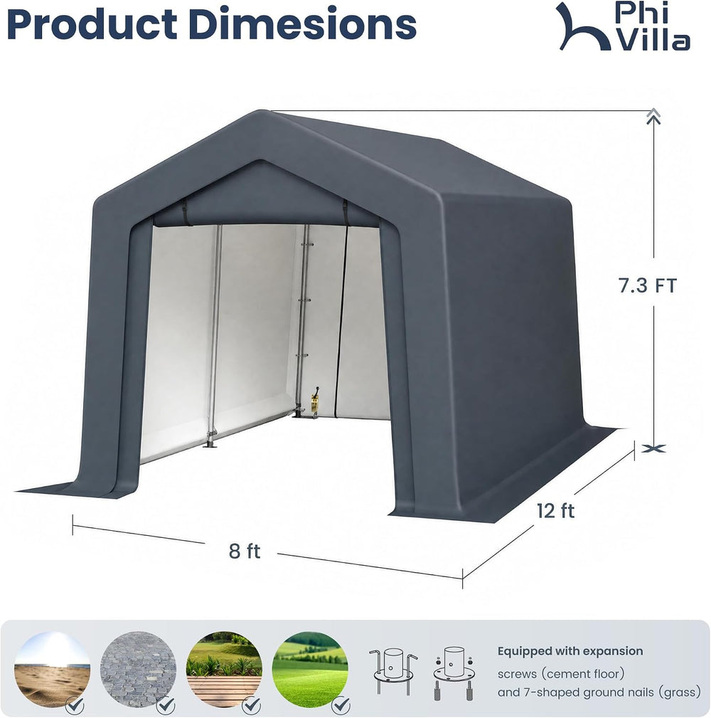 PHI VILLA Storage Tents,8x12ft Portable Carports Motorcycle Sheds Garage