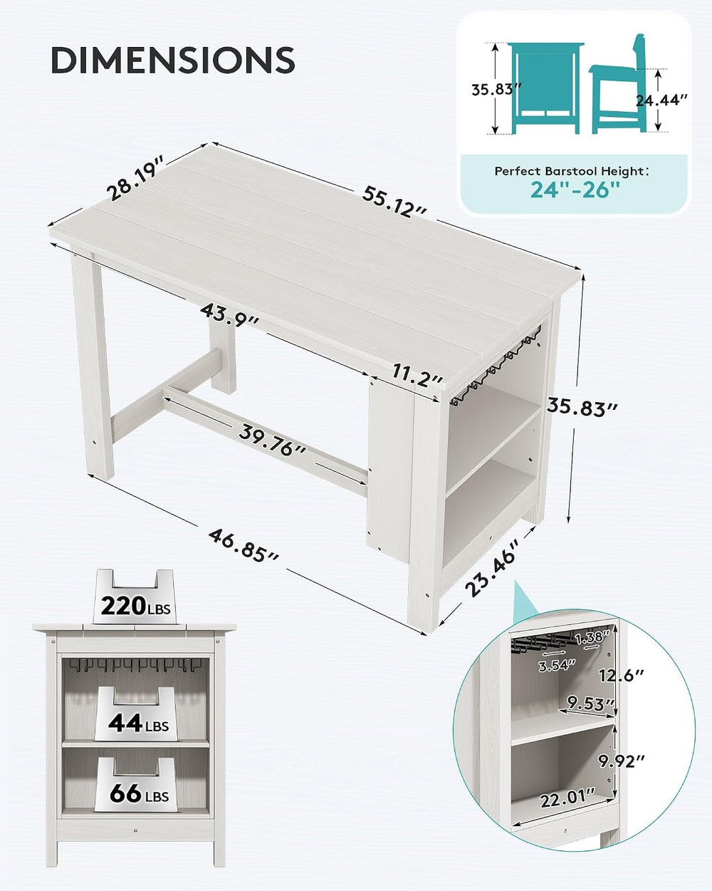 SERWALL Outdoor HDPE Counter-Height Bar Table with Storage Rack, White