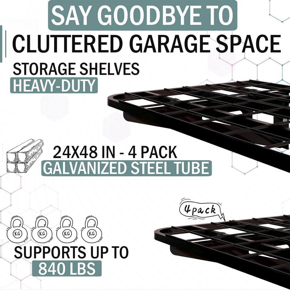 4-Pack 2x4ft Garage Wall Shelving, 4 Shelf Total 16 ft(L) Garage Shelving Wal...