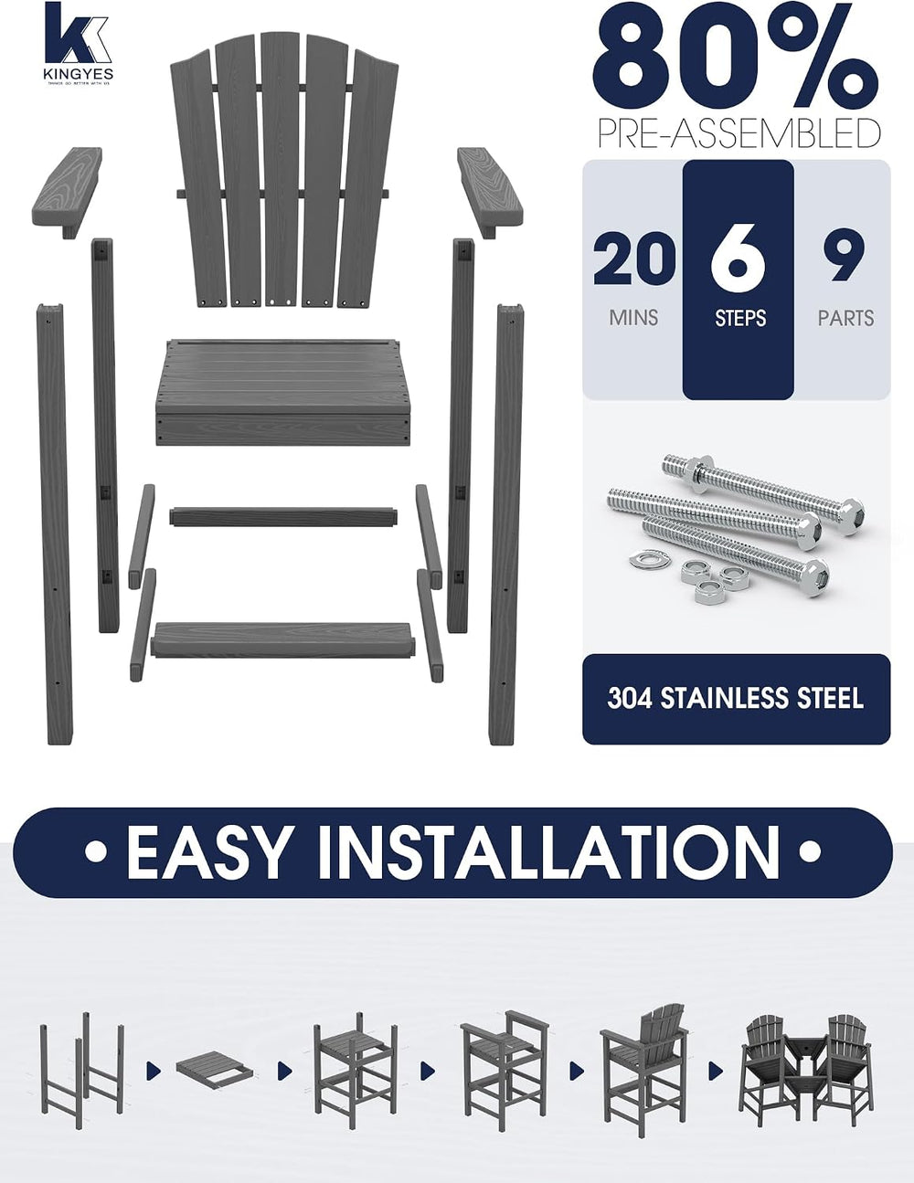 Tall Adirondack Chair Set of 2 with Double Connecting Trays, Gray
