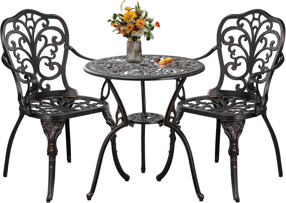 3 Piece Cast Aluminum Bistro Set, Bronze Bistro Table and Chairs Set of 2, 3 ...