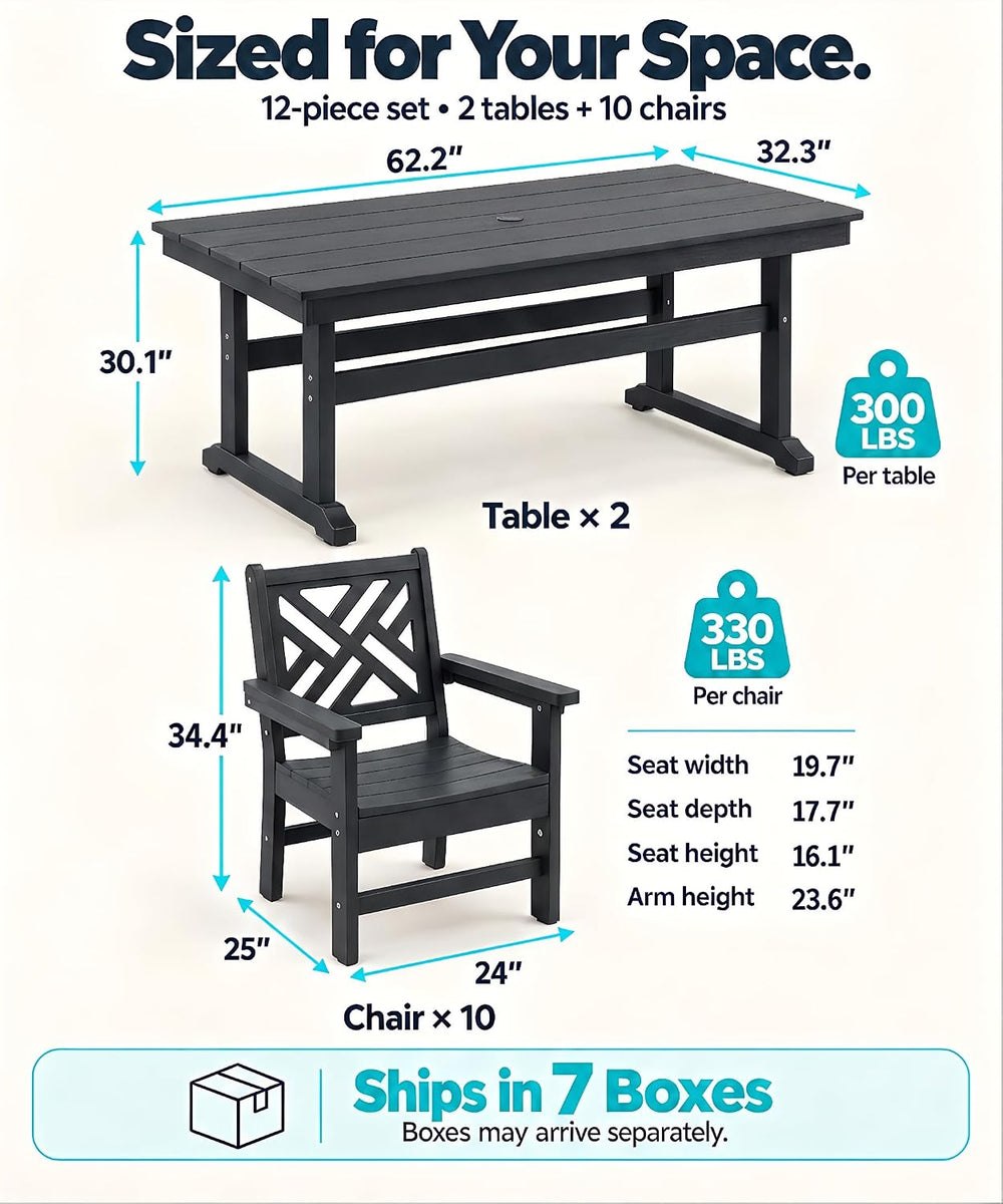 12 Piece HDPE Outdoor Dining Set for 10, Patio HDPE Furniture Set with 2 Tabl...
