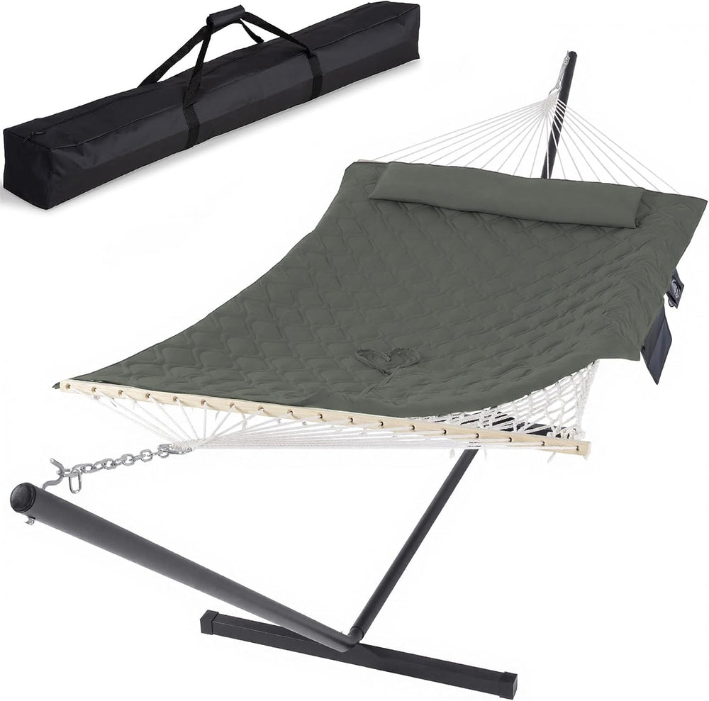 SUNCREAT Patio Portable Hammock with Stand, Carrying Bag, Gray Green Drops