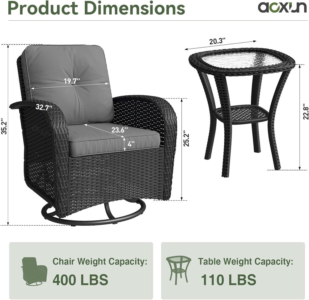 Aoxun 3 Pieces Patio Furniture Set, Patio Swivel Rocker Chairs Set of 2, Wick...