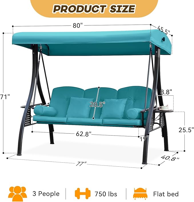 3 in 1 Outdoor Porch Swing with Adjustable Canopy, 3 Seat Outdoor Swing for A...
