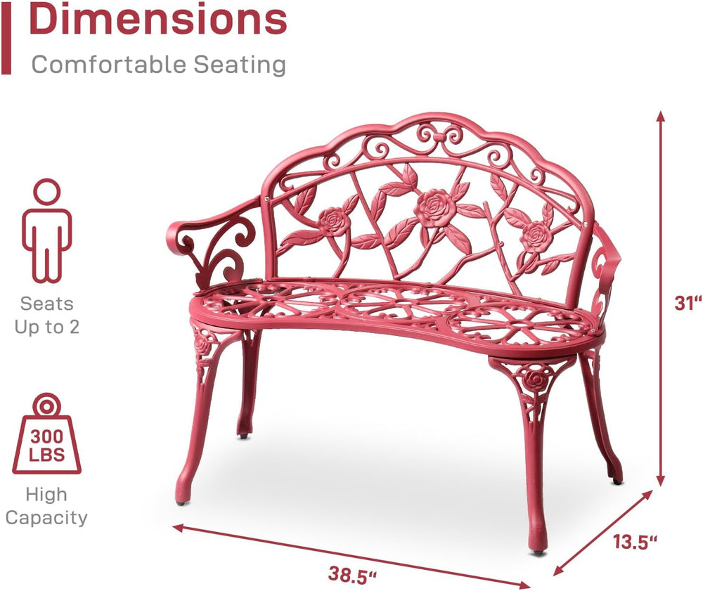 VINGLI 38.5" Patio Park Garden Outdoor Metal Rose Bench, 2-Person Cast I...