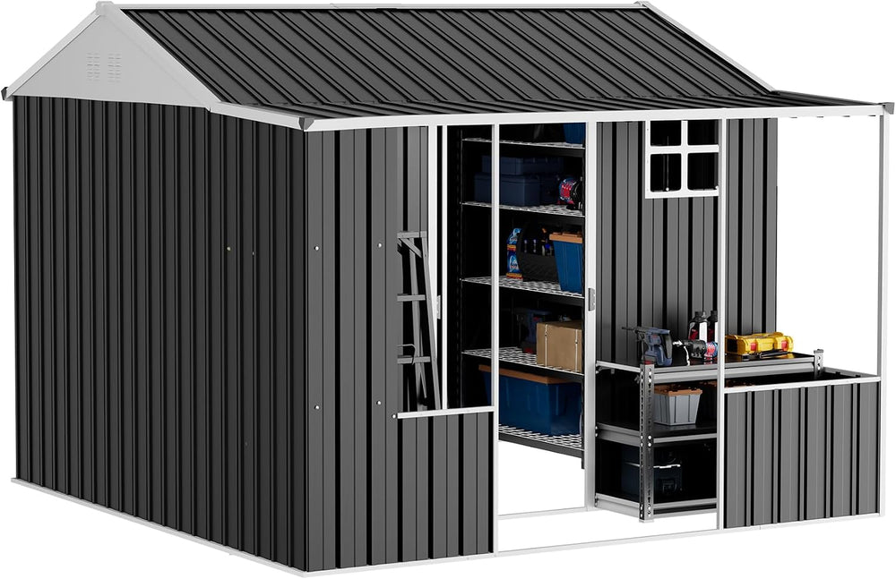 VanAcc 9x9x7 FT Metal Shed with Dual Storage Zone and Work Area