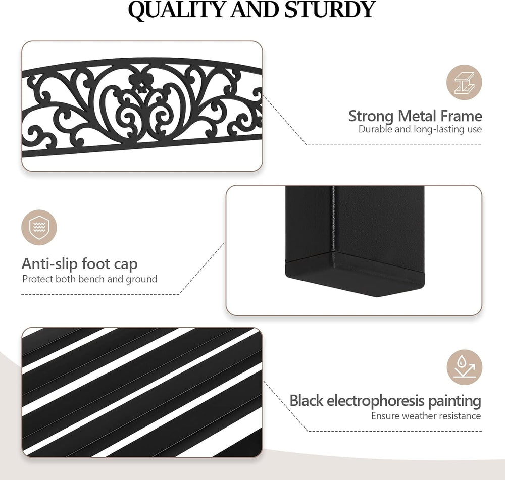 VINGLI Outdoor Bench for Patio Metal Garden Bench w/PVC Back Pattern, Black P...