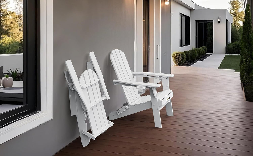 Folding Adirondack Chair, Wooden Textured Plastic Adirondack Chairs with 2 Cu...