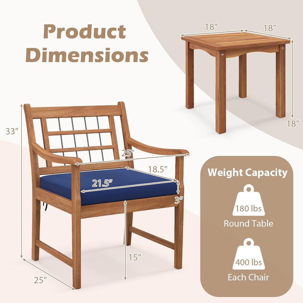 Tangkula 3 Piece Wood Patio Furniture Set, Outdoor Bistro Set w/Soft Seat Cus...