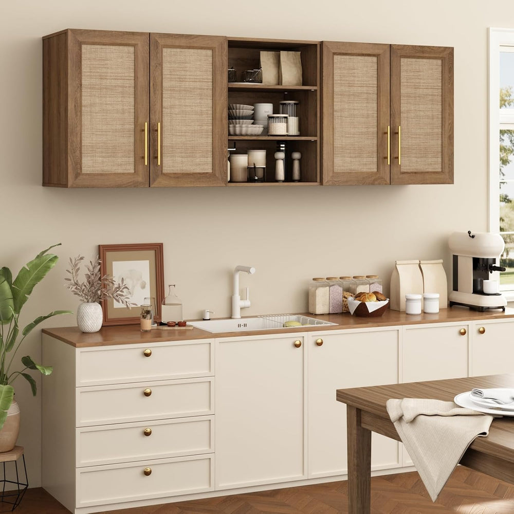 RUSTOWN 63.2" Rattan Laundry Room Cabinets, Large Wall Cabinet for Kitchen