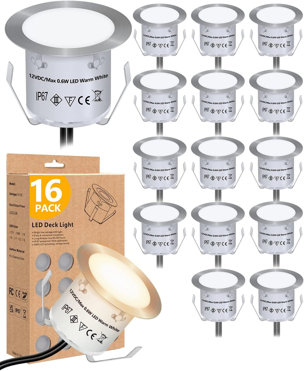 HIBOITEC Recessed LED Deck Light Kits(16Pack), 12V Low Voltage Landscape Ligh...