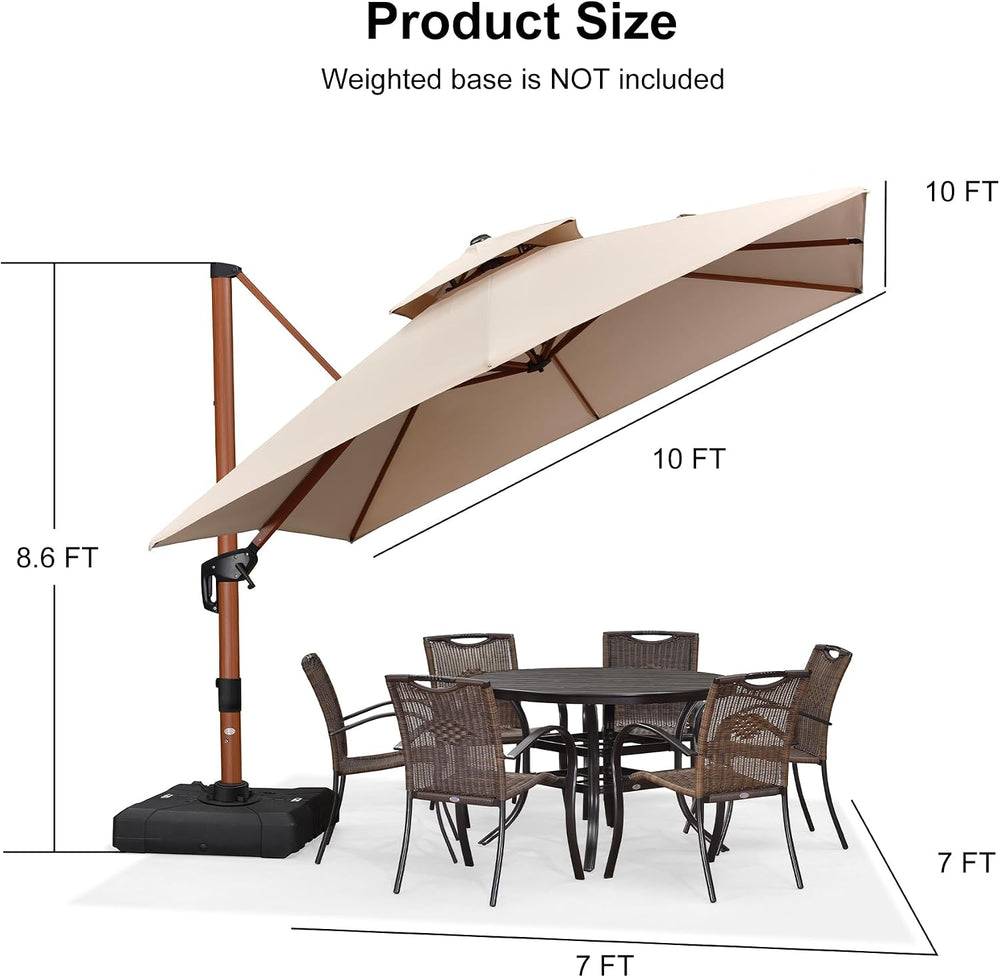 PURPLE LEAF Cantilever Umbrella 10ft Double Top Wood-Grain Finish, Beige