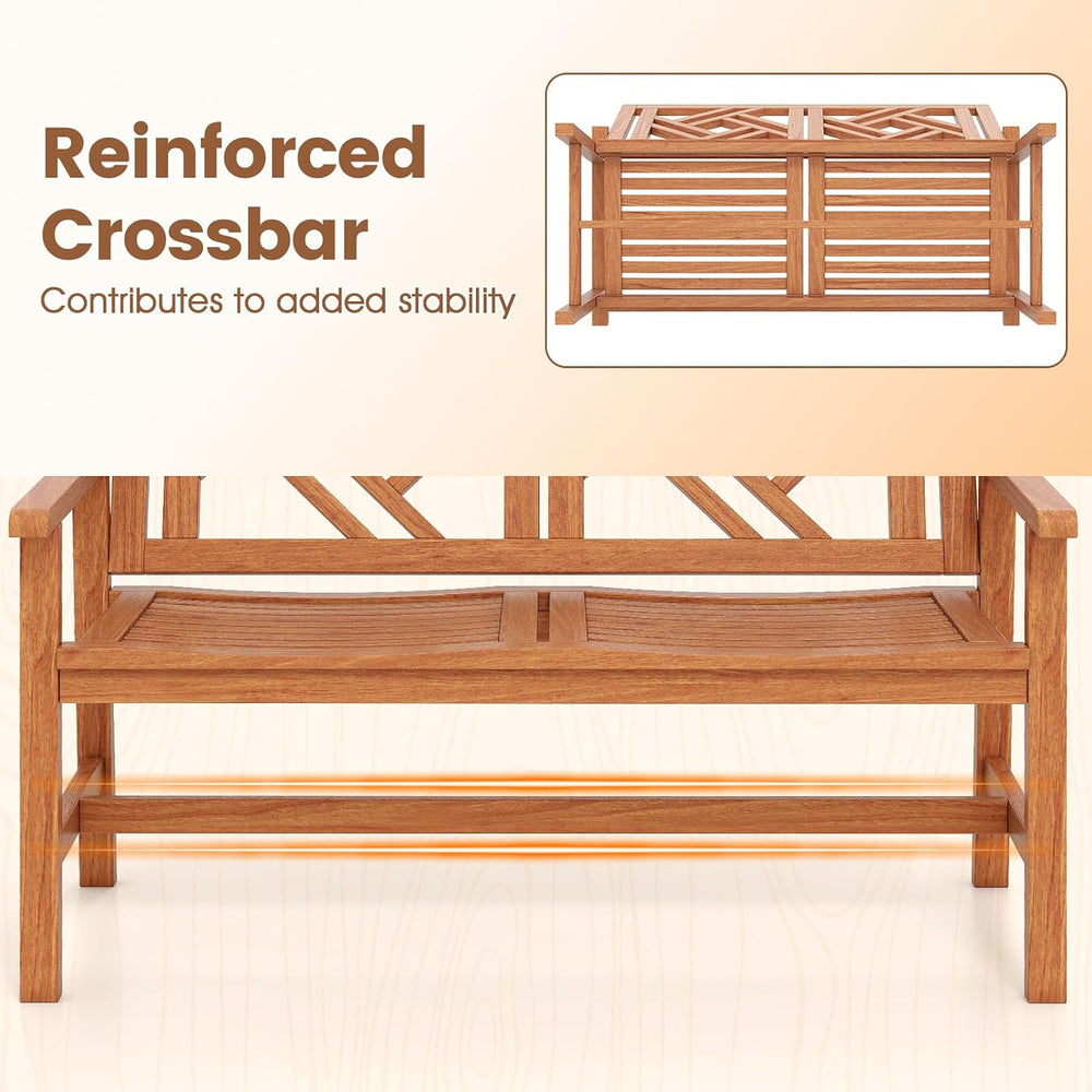 Tangkula Outdoor Wood Bench, 2-Person Patio Loveseat Chair with Geometric Bac...