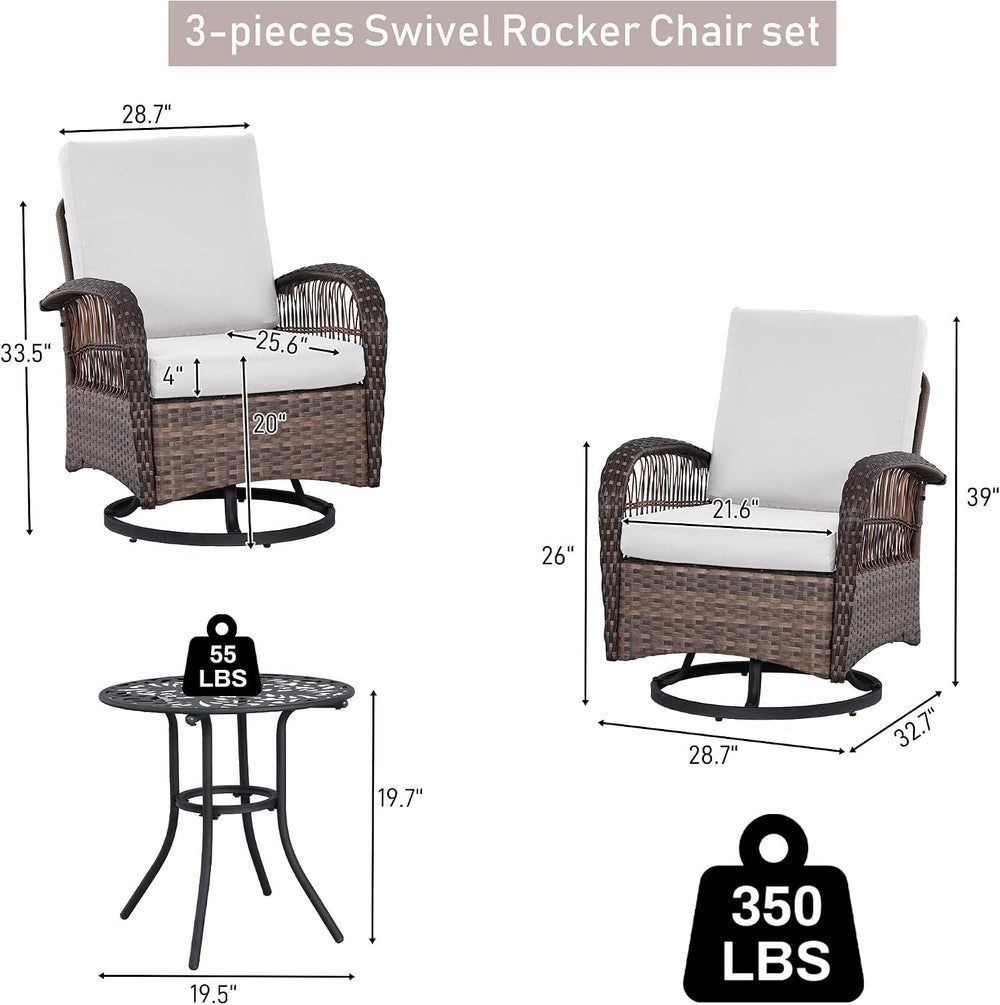 Rophefx 3-Piece Patio Furniture Set, Swivel Rocker Chairs and Table, White