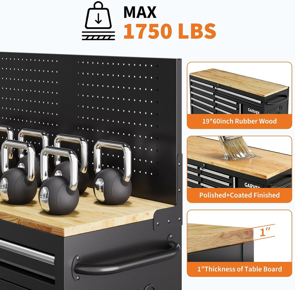 60 Inch Rolling Tool Chest Workbench, 10 Drawer Tool Box with Pegboard & ...