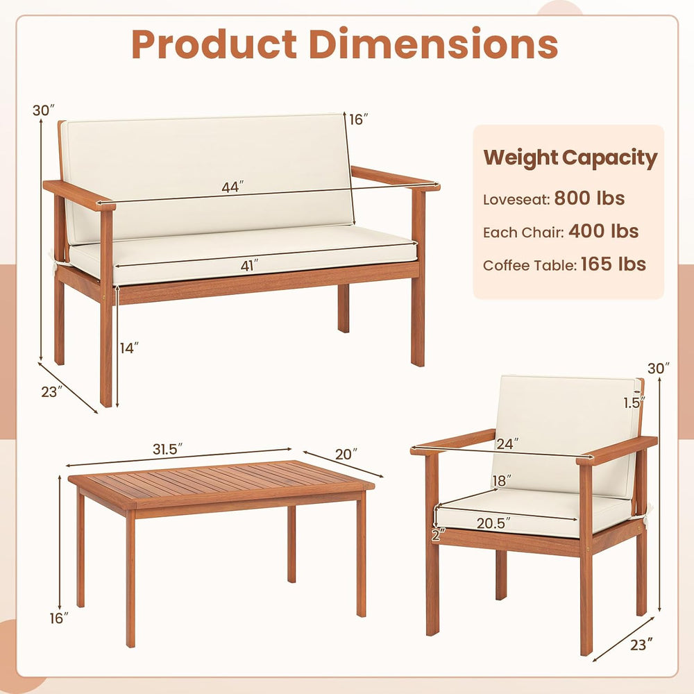 Tangkula 4 Pieces Acacia Wood Patio Conversation Set, Outdoor Wooden Cushione...