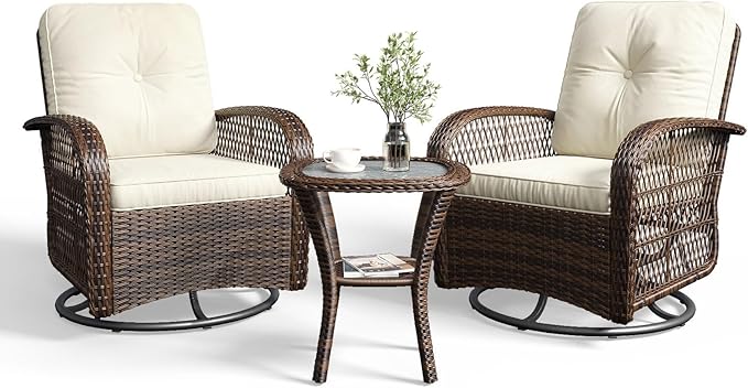 Aoxun 3 Pieces Patio Furniture Set, Patio Swivel Rocker Chairs Set of 2, Wick...