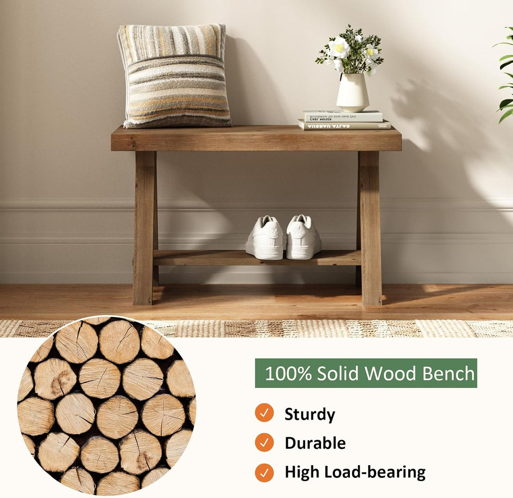 RowyPoey Solid Wood Bench, 30" Farmhouse Entryway Bench with Shoe Storage