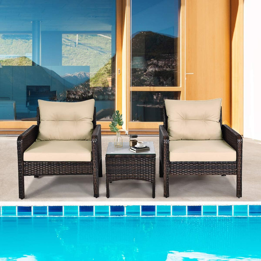 HAPPYGRILL 3 Pieces Patio Furniture Set, Outdoor Rattan Wicker Conversation S...