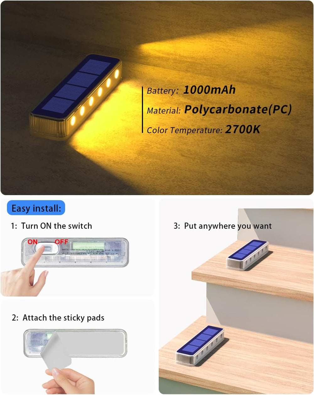 DetarZinLED Solar Step Lights Outdoor IP68 Waterproof 4 Pack Warm White