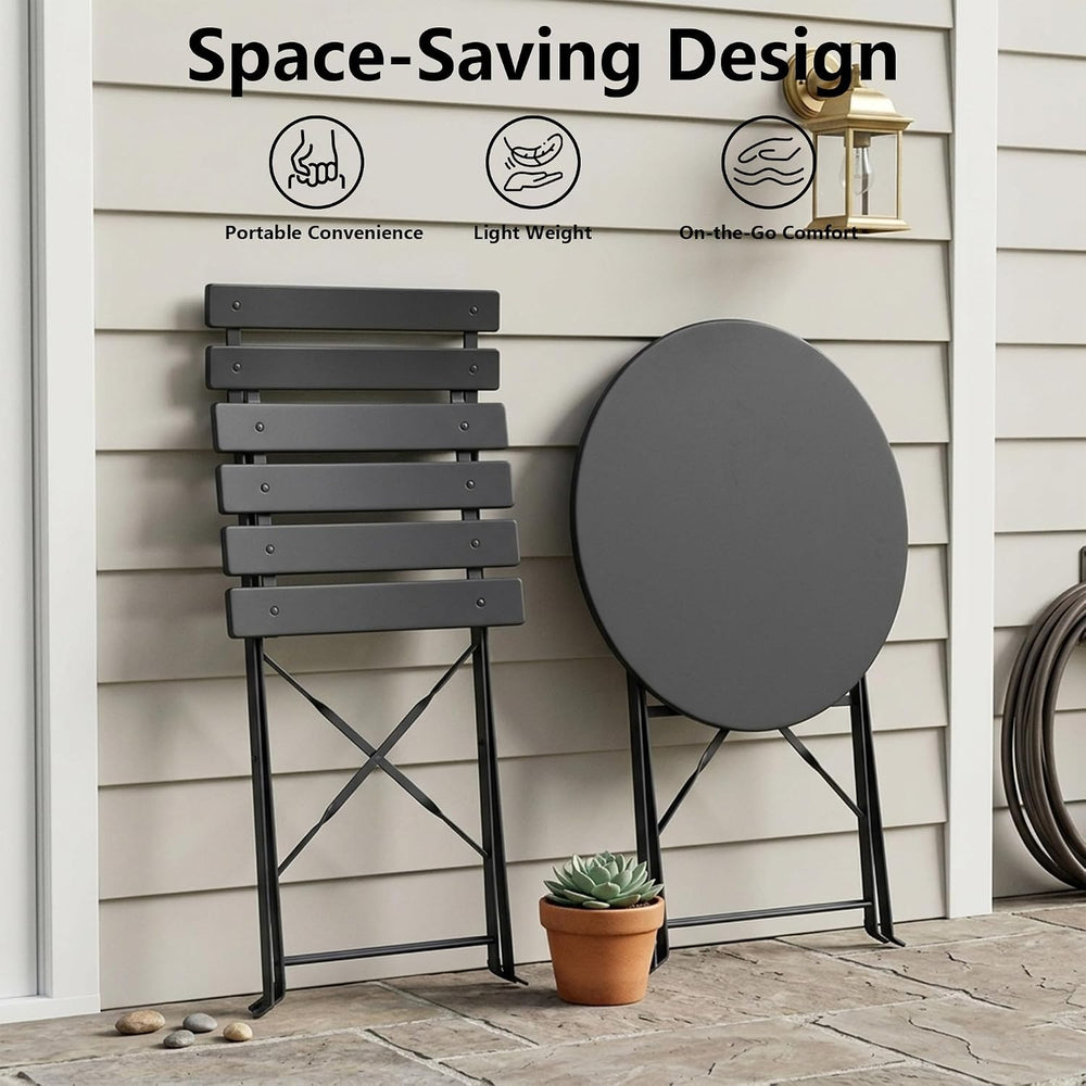 3 Piece Outdoor Bistro Set, Black Folding Table & Chairs for 2