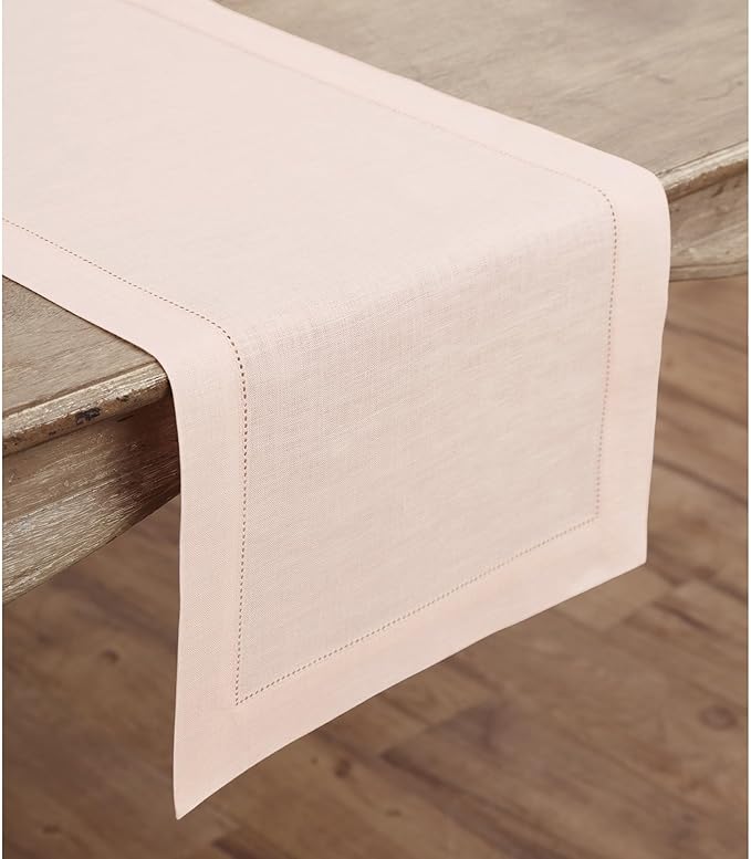 Solino Home Linen Pink Table Runner 90 Inches Long - 100% Pure Linen Hemstitc...