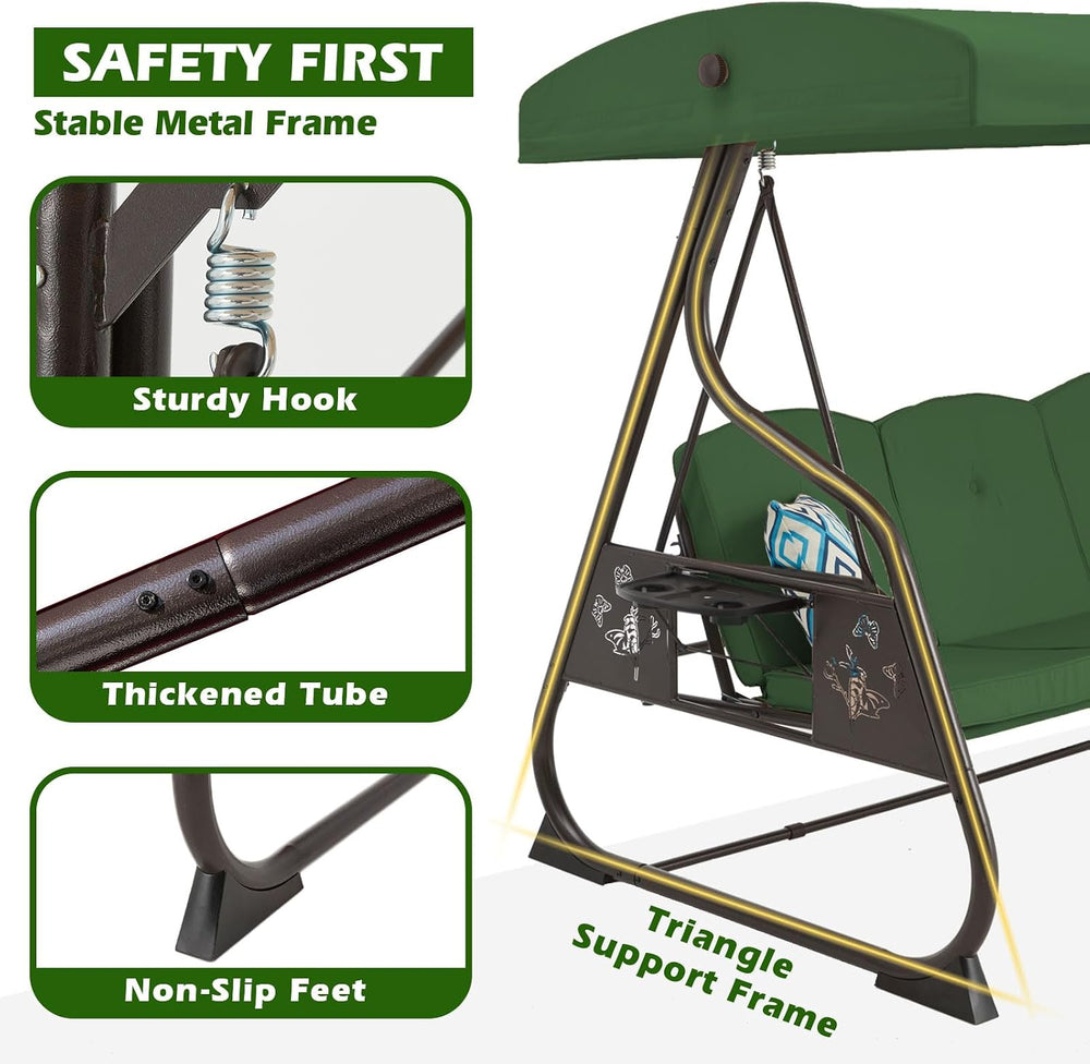 ZZW 3-Seat Patio Porch Swing 800LBS Outdoor Swing with Stand w/Canopy & A...