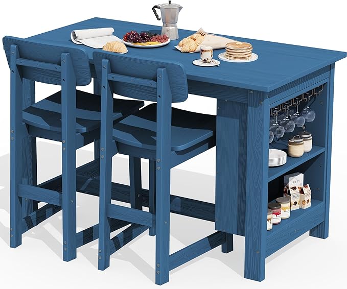 SERWALL 3-Piece Outdoor Counter Height Bar Set, HDPE Patio Bar Table with Win...