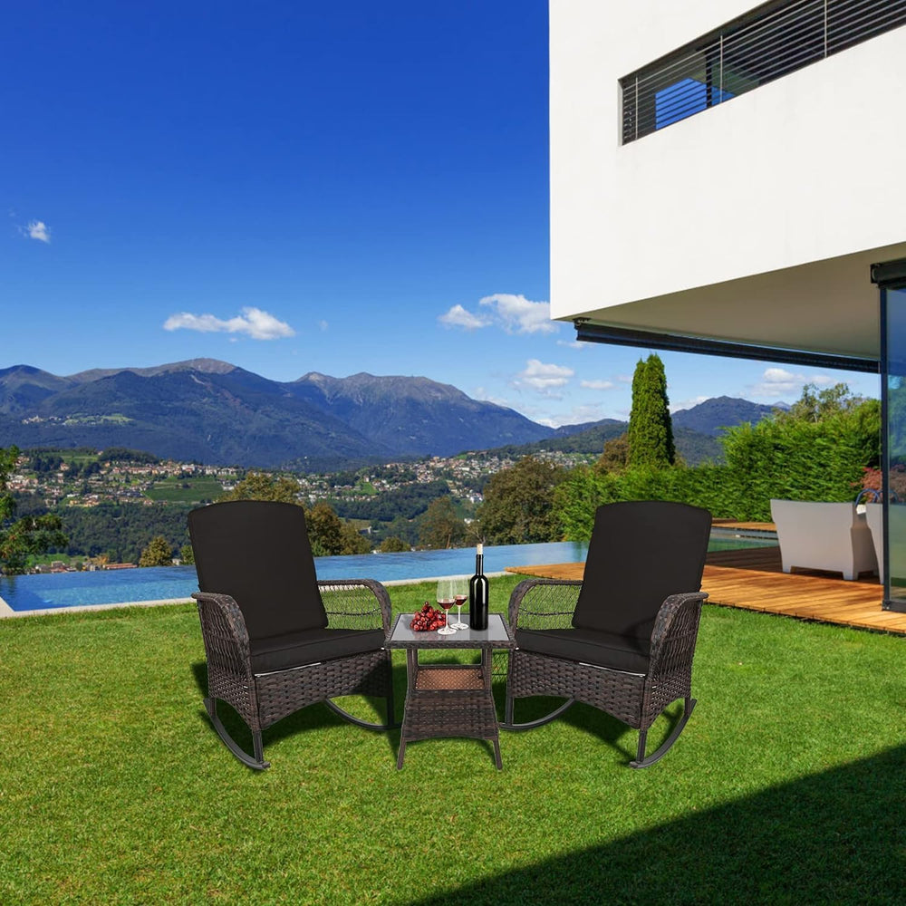 LEVELEVE 3 pcs Rocking Bistro Set Conversation Chairs PE Wicker Outdoor Rocki...