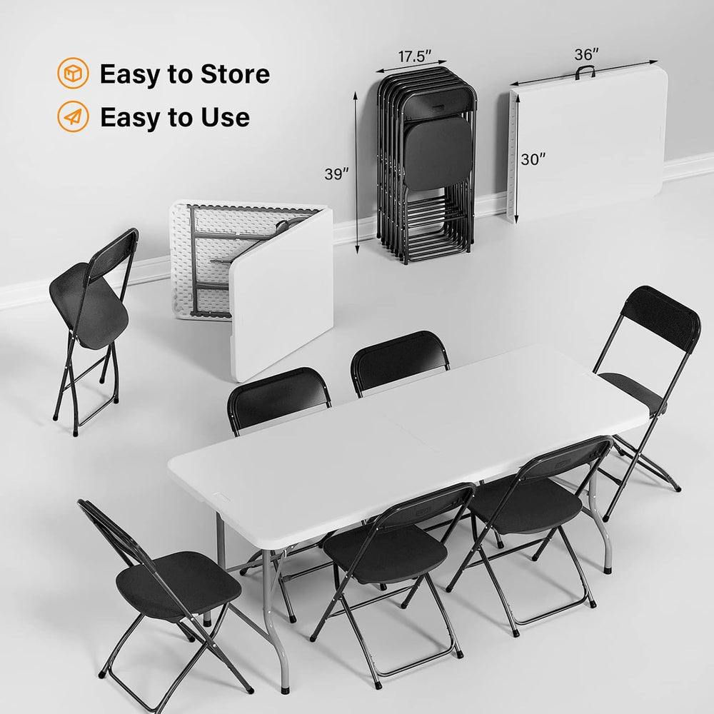 VINGLI 6 FT Plastic Folding Table Set with 6 Black Folding Chairs for Picnic,...
