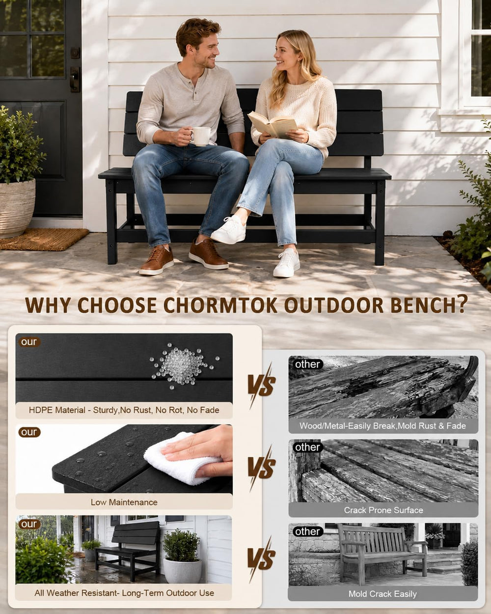 2 in-1 Outdoor Bench, HDPE 2 Person Outside Bench Weatherproof, Black