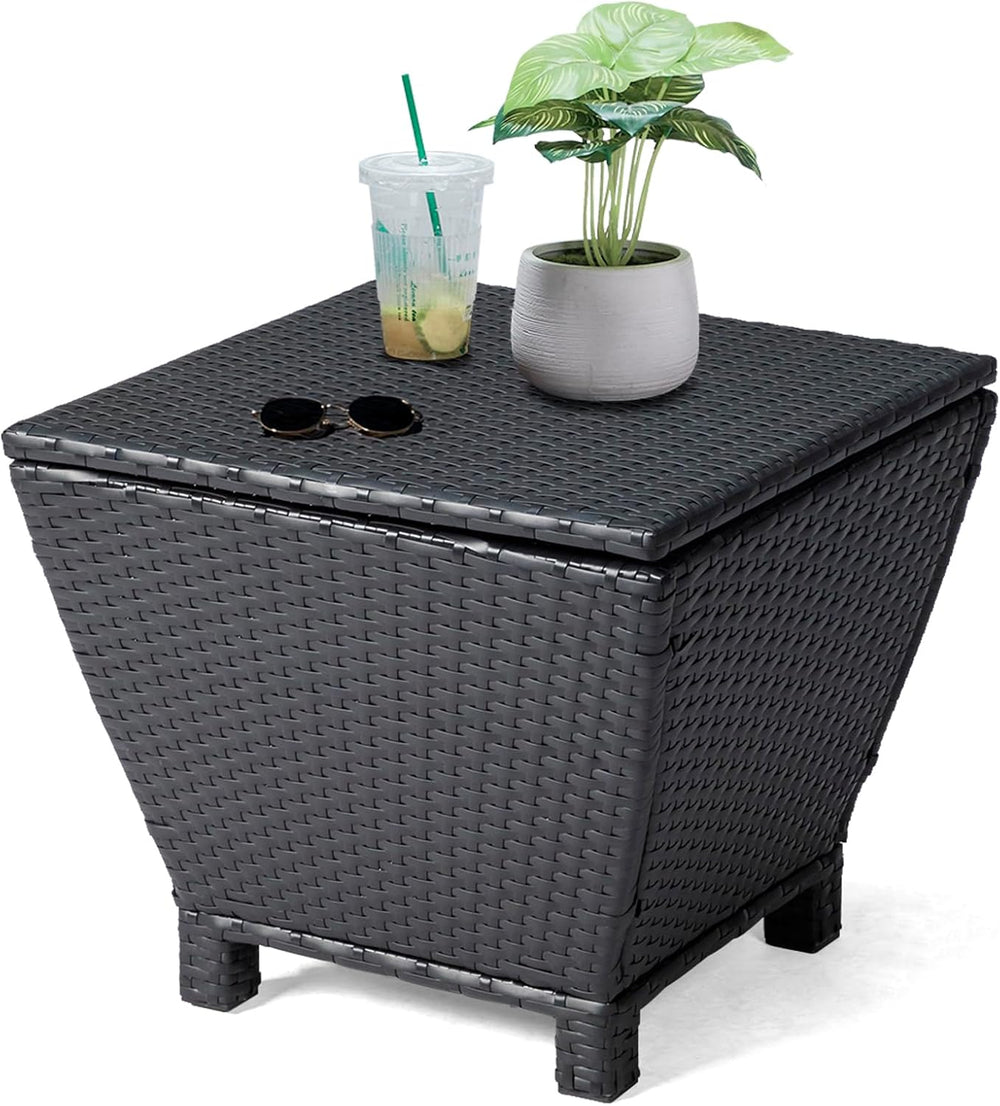 Outvita Black Rattan Outdoor Storage Side Table, 13 Gallon Box with Lid