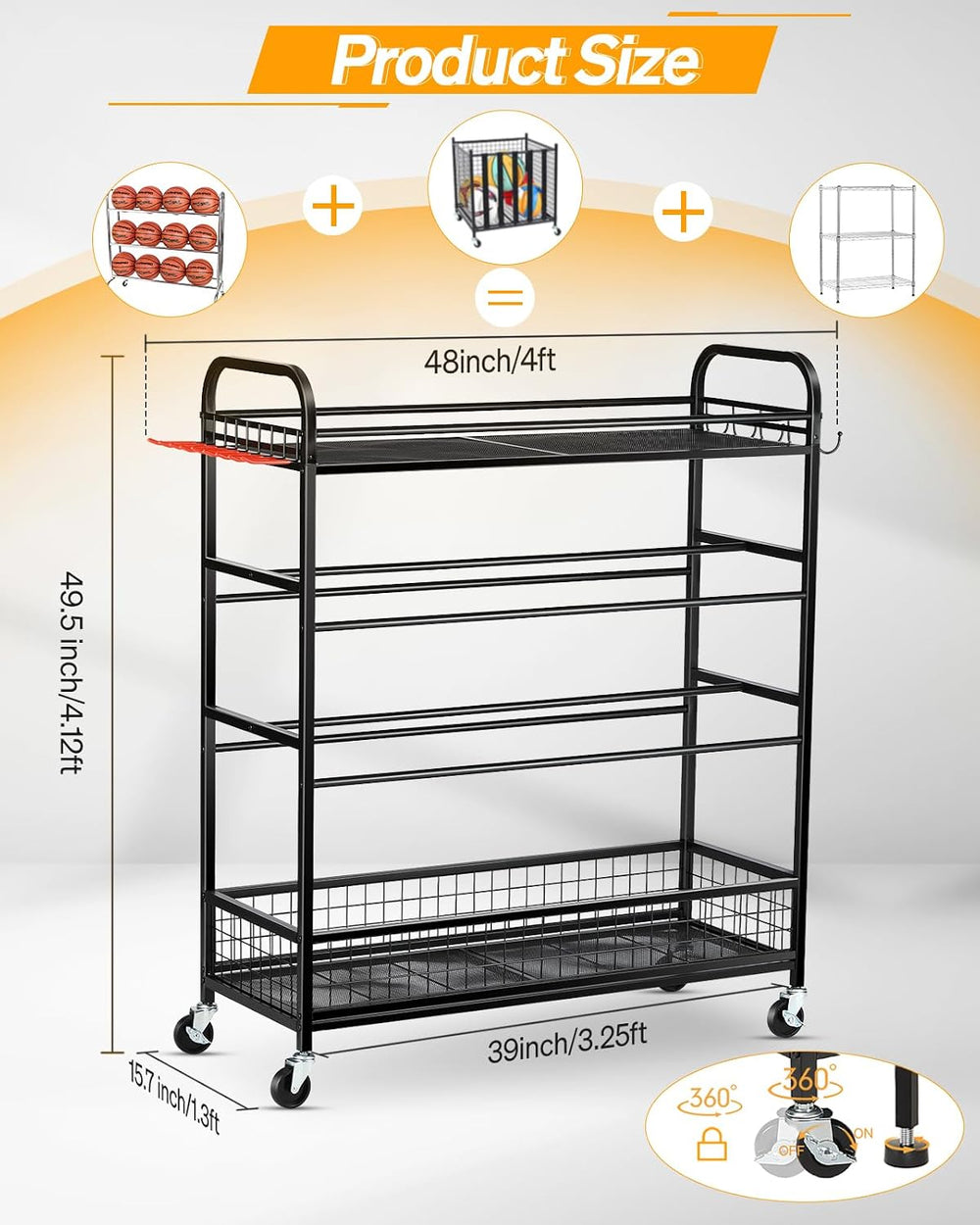 EXTCCT Garage Sports Equipment Organizer - Rolling Ball Storage with Wheels