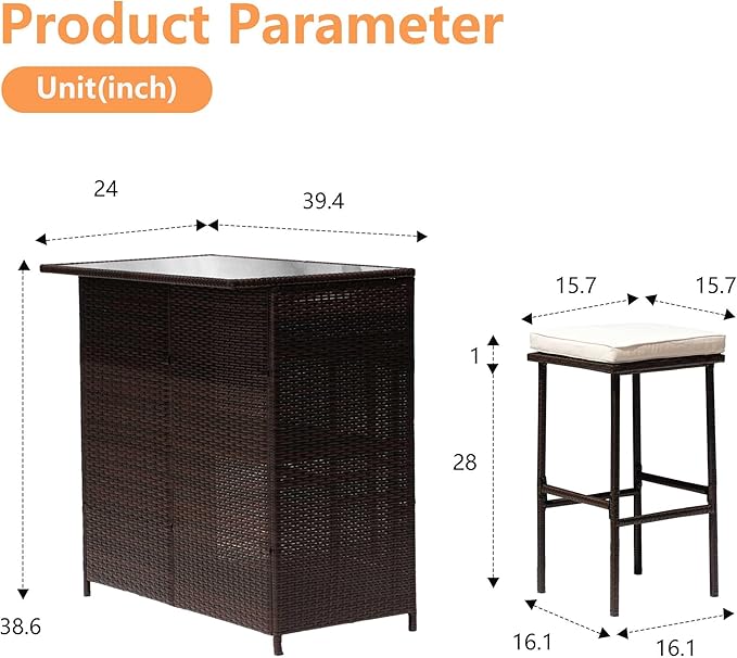 PayLessHere Rattan Bar Set 3Pcs Patio Wicker Bistro Set Sturdy Frame Bar Heig...
