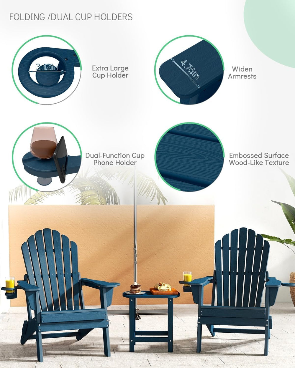 Oversized Folding Adirondack Chair Set of 4, Outdoor Chair, Navy