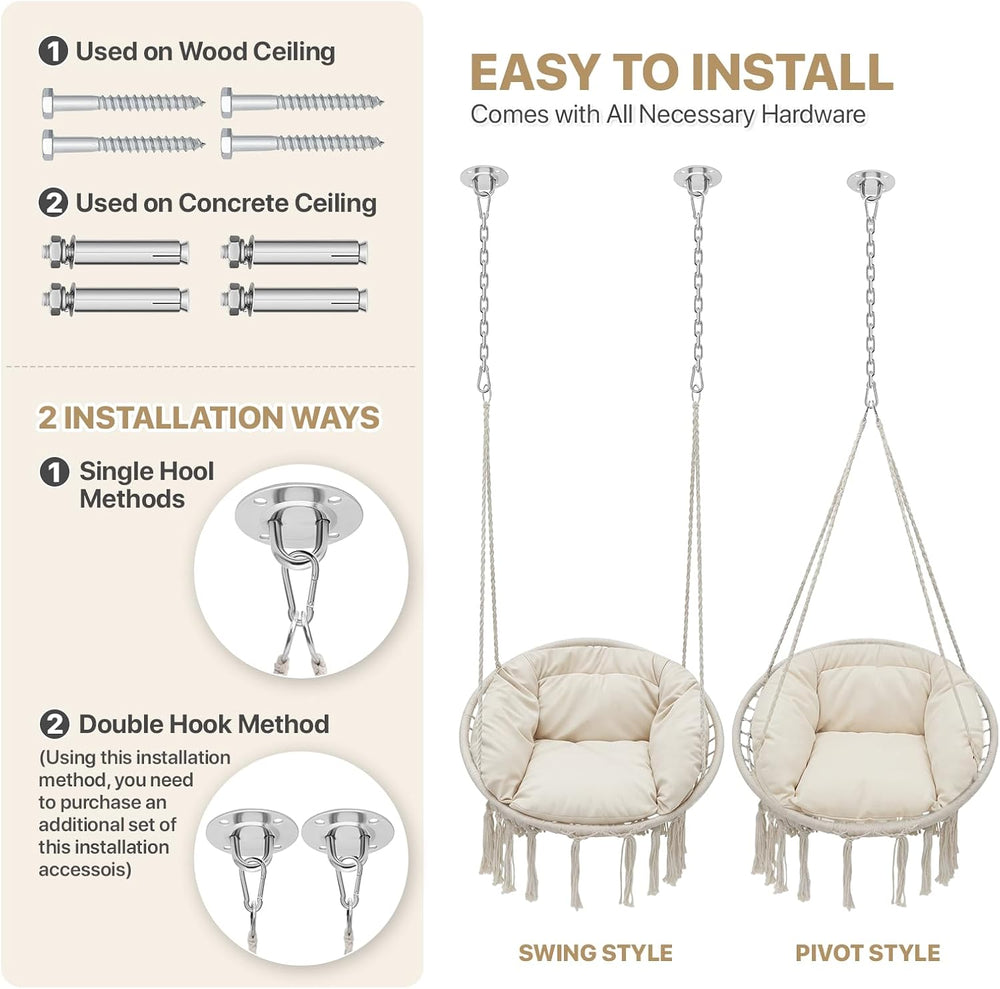 Monibloom Hanging Hammock Chair Macrame Swing with Cushion, Beige