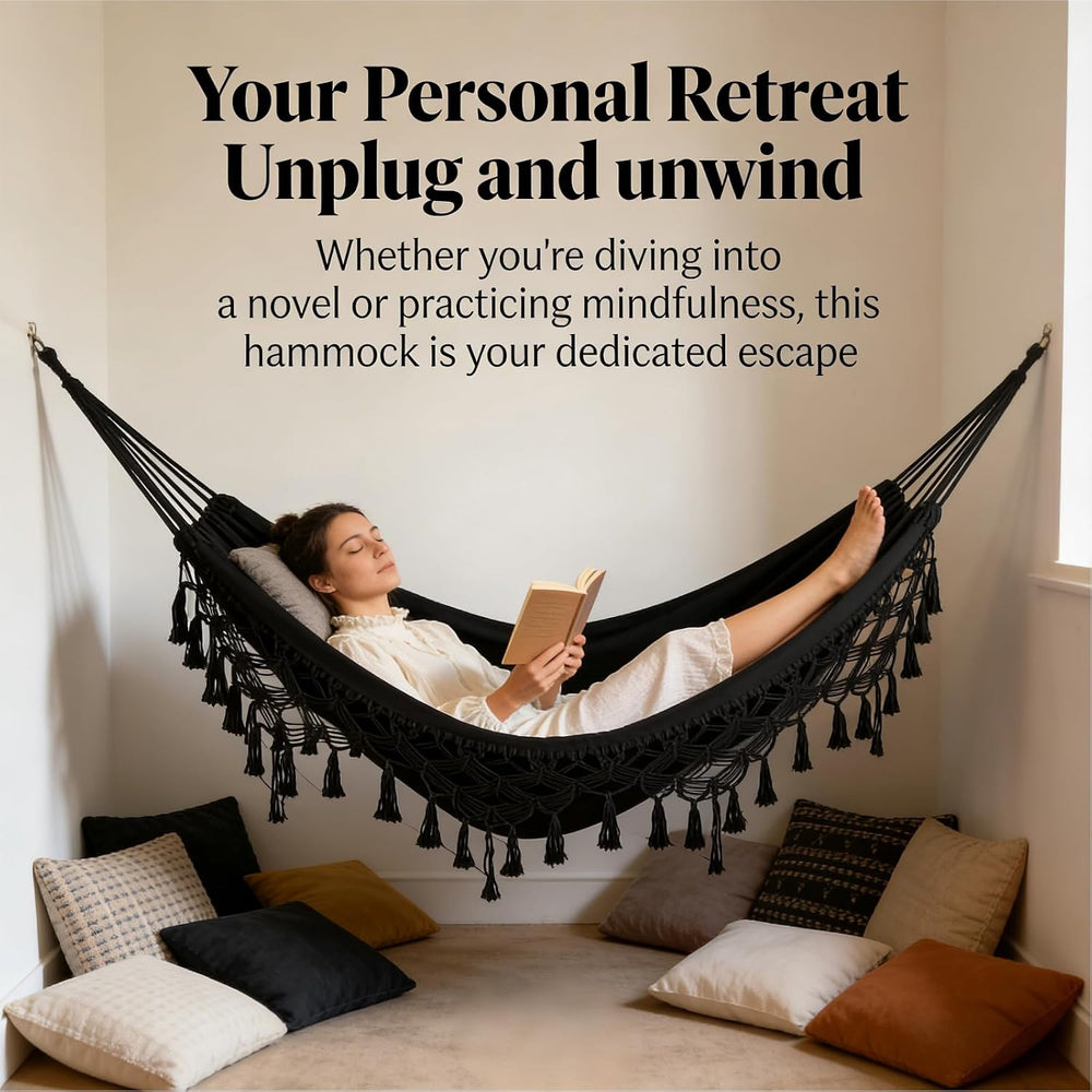 Goutime Double Hammock,Macrame Boho Portable Camping Tree Hammock,Black
